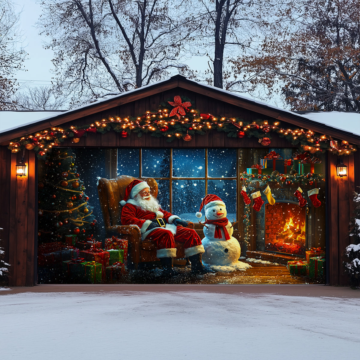 Shineful Garage Door Banner Decoration Snowy Night With Santa Claus