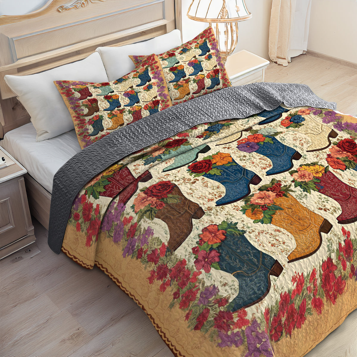 Shineful All Season Quilt 3-Piece Set Cowboy Boots And Flowers Pattern