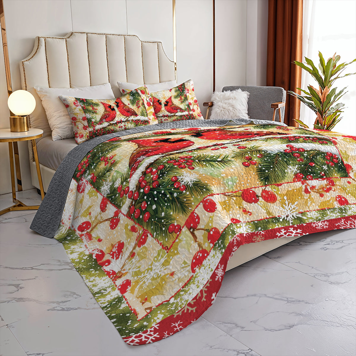 Shineful All Season Quilt 3-Piece Set - Cardinal Pair: Holiday Snowfall