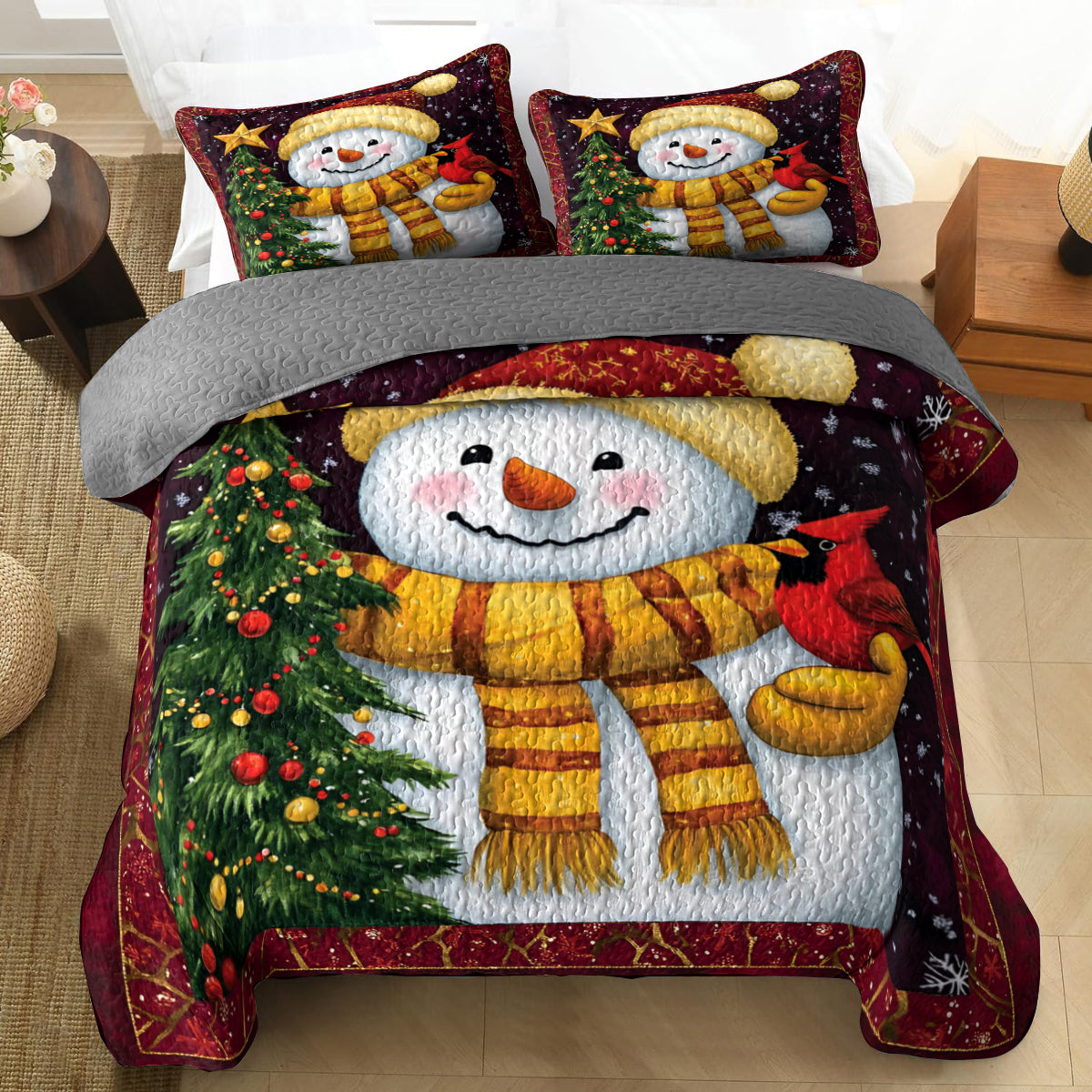 Shineful All Season Quilt 3-Piece Set Christmas Snowman And Cardinal