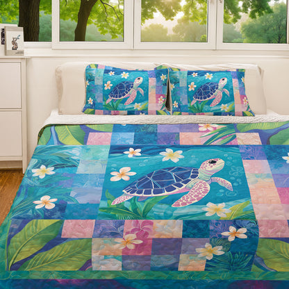 Shineful All Season Quilt 3-Piece Set Plumeria Sea Turtle