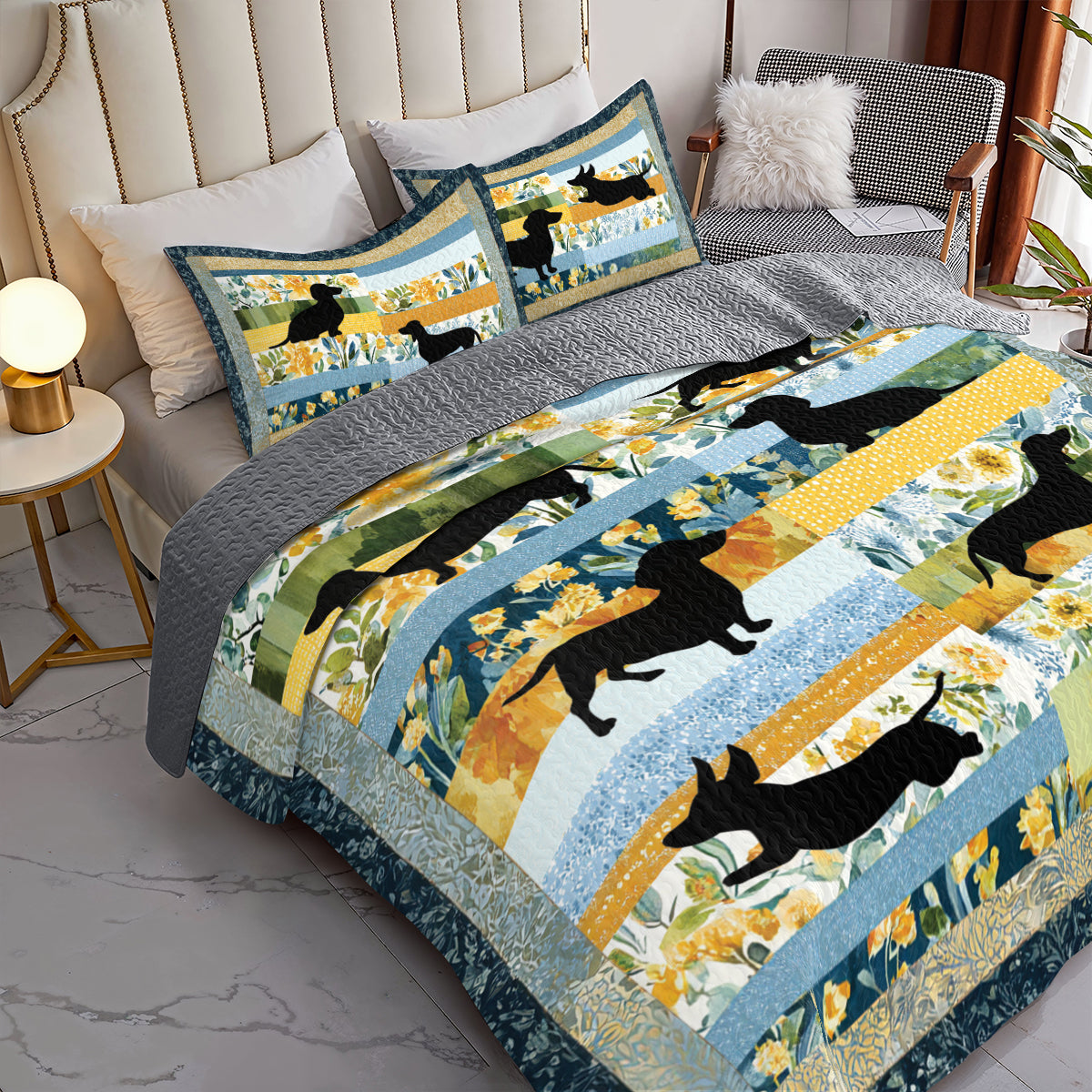 Shineful All Season Quilt 3-Piece Set Dachshund Spring Garden