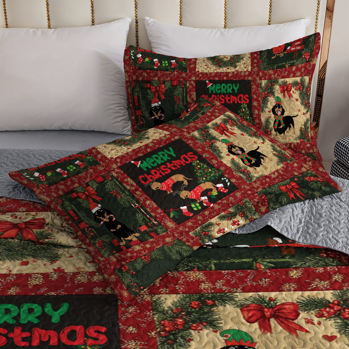 Shineful All Season Quilt 3-Piece Set - Yuletide Dachshund