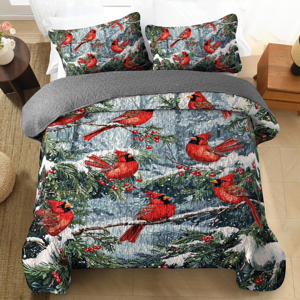 Shineful All Season Quilt 3-Piece Set Winter Cardinal Wonderland