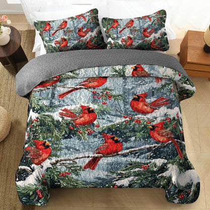 Shineful All Season Quilt 3-Piece Set Winter Cardinal Wonderland