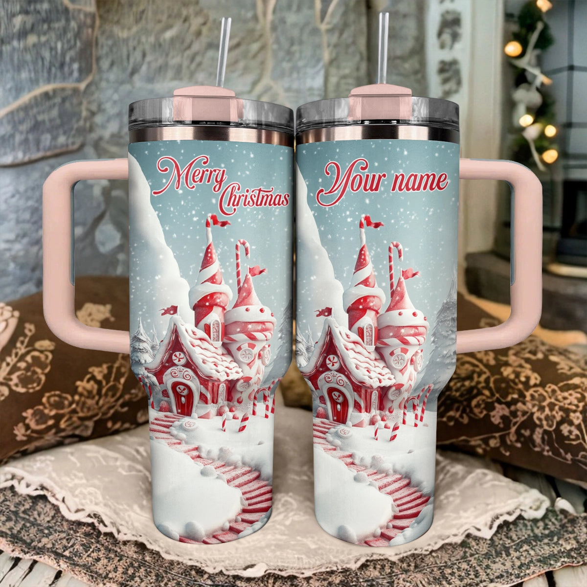 Shineful Glossy Tumbler Personalized Christmas Candy Cane Castle