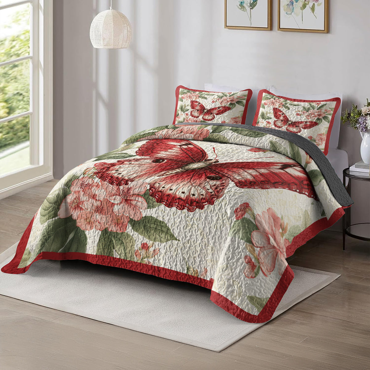 Shineful All Season Quilt 3-Piece Set Crimson Butterfly Dreams