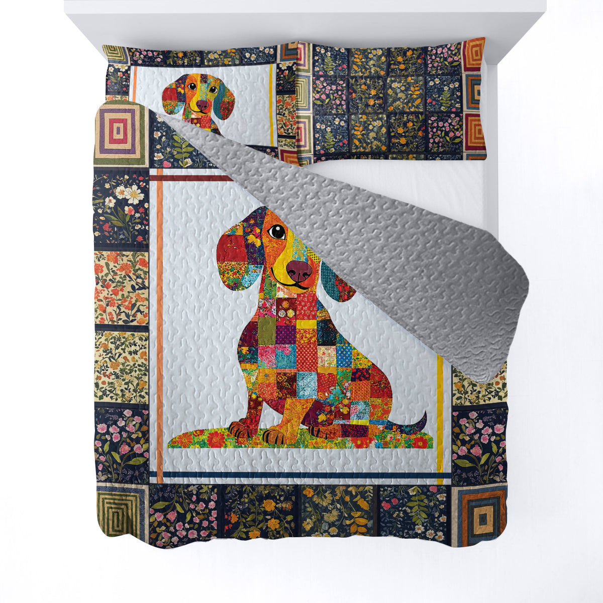 Shineful All Season Quilt 3-Piece Set - Happy Dachshund With Beautiful Flowers