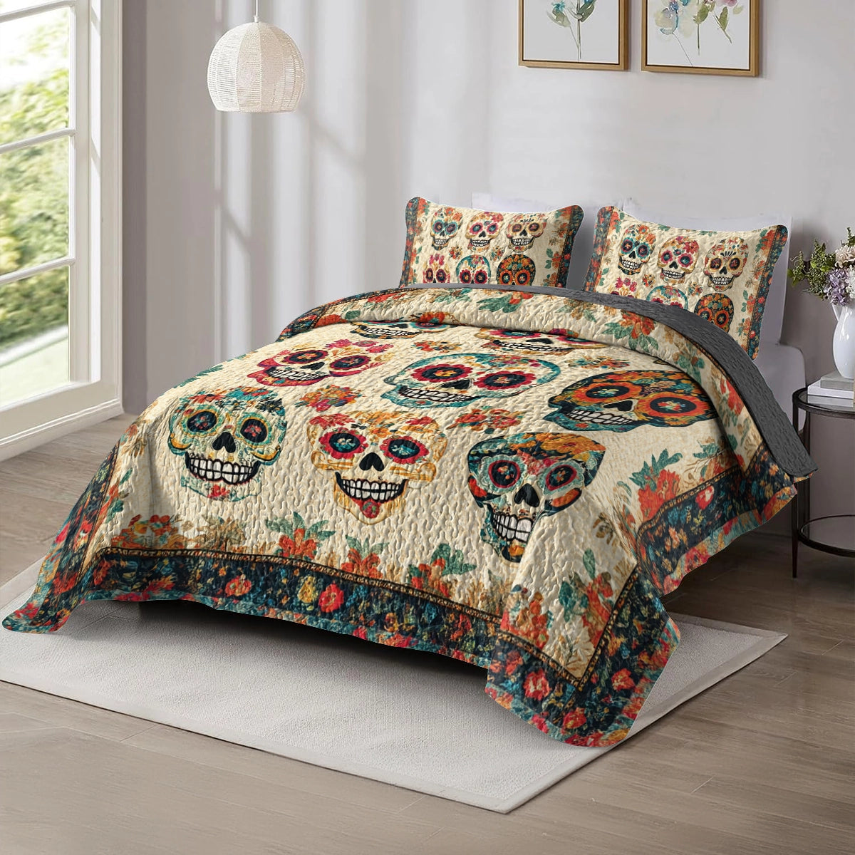 Shineful All Season Quilt 3-Piece Set Vintage Skull Bouquet