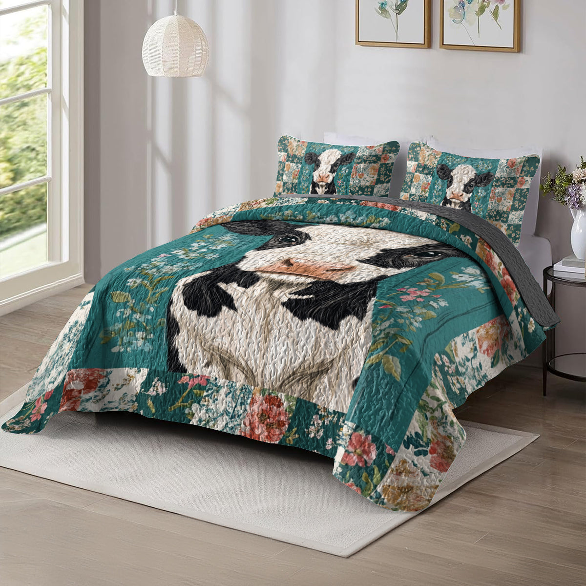 Shineful All Season Quilt 3-Piece Set Floral Cow