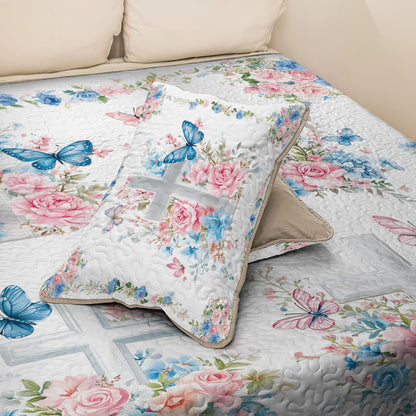 Shineful All Season Quilt 3-Piece Set - God Faith Flower Butterfly