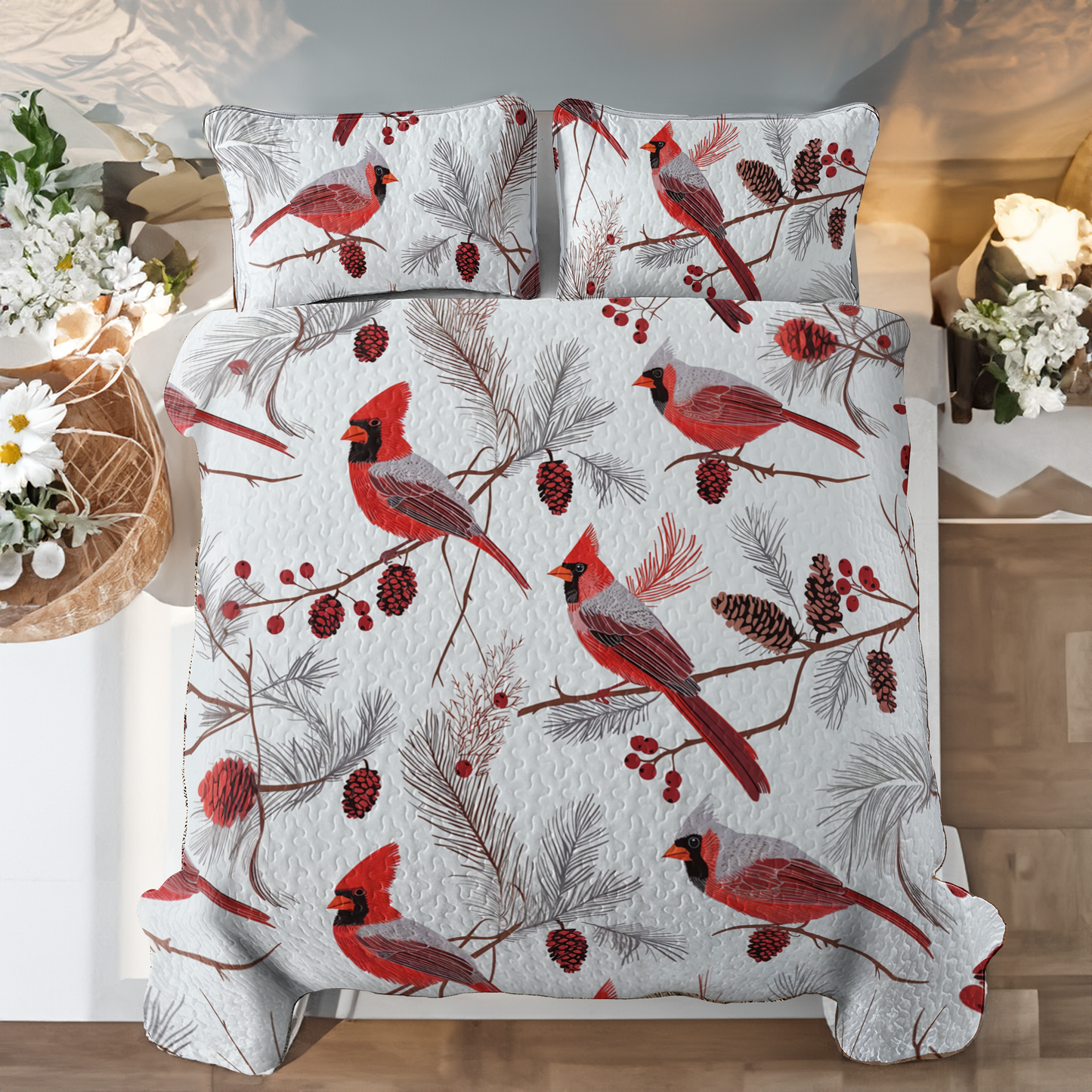 Shineful All Season Quilt 3-Piece Set Gentle Cardinals Lovely