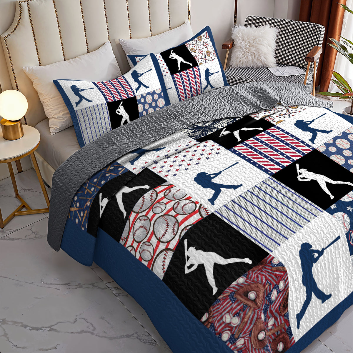 Shineful All Season Quilt 3-Piece Set Patriotic Baseball Patchwork