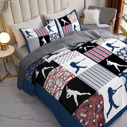 Shineful All Season Quilt 3-Piece Set Patriotic Baseball Patchwork