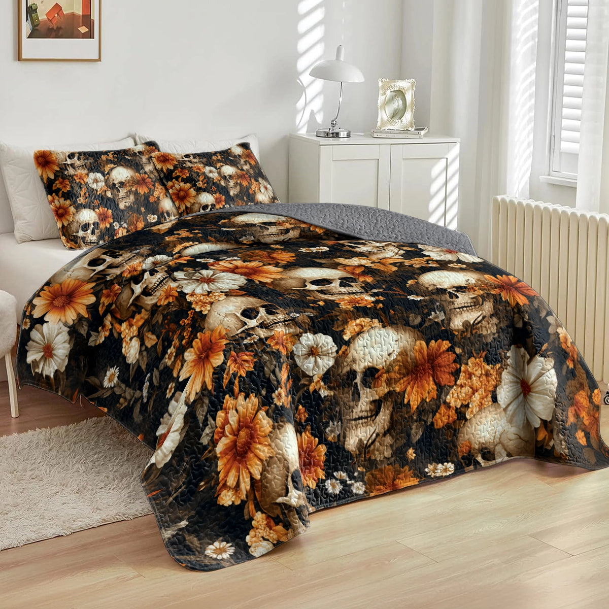 Shineful All Season Quilt 3-Piece Set Skull Memento Floral