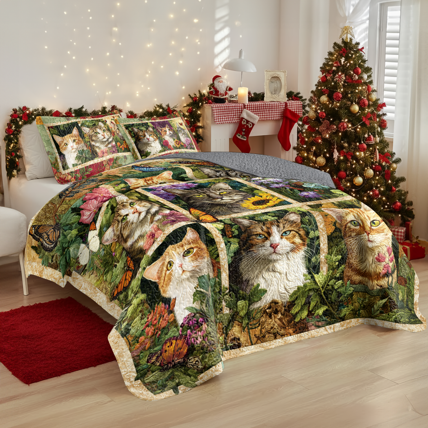 Shineful All Season Quilt 3-Piece Set Garden Whiskers Cat