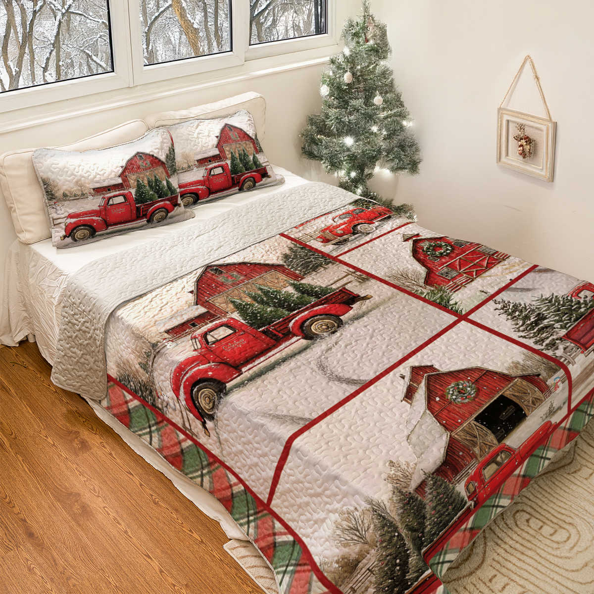 Shineful All Season Quilt 3-Piece Set Vintage Red Truck Christmas