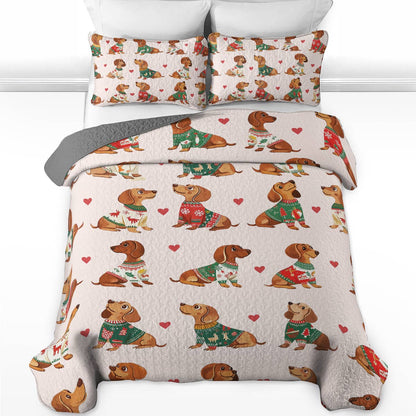 Shineful All Season Quilt 3-Piece Set - Festive Dachshund Sweater Delight