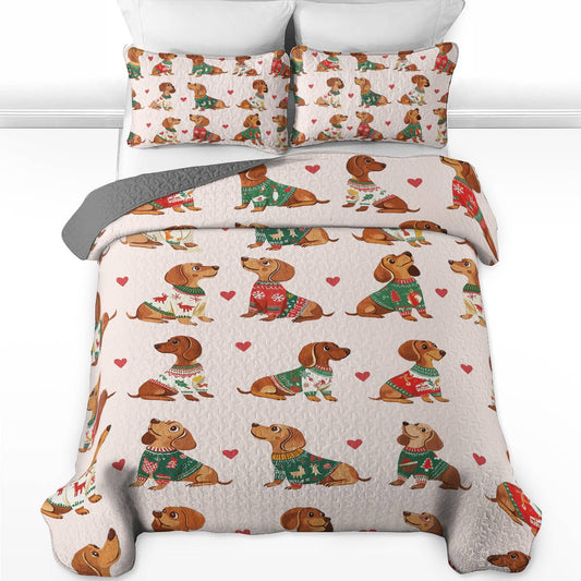 Shineful All Season Quilt 3-Piece Set - Festive Dachshund Sweater Delight