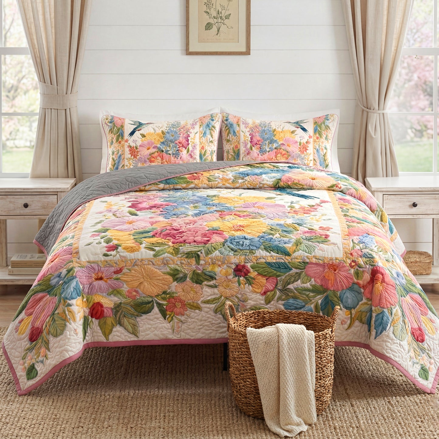 Shineful All Season Quilt 3-Piece Set Floral Hummingbird Garden
