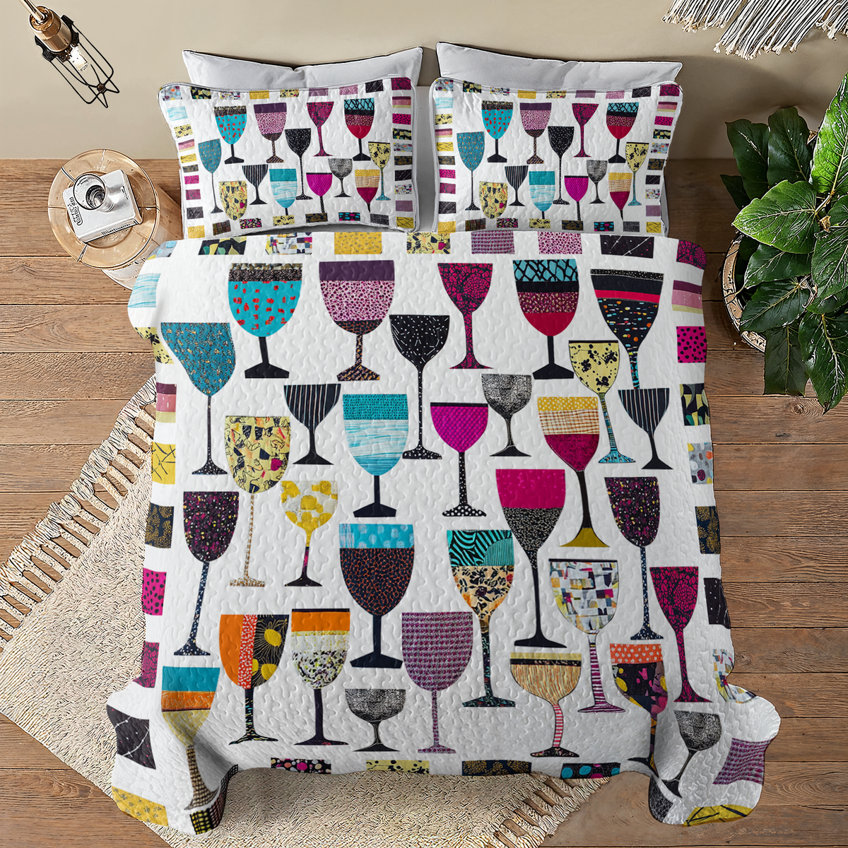 Shineful All Season Quilt 3-Piece Set Colorful Wine Glasses