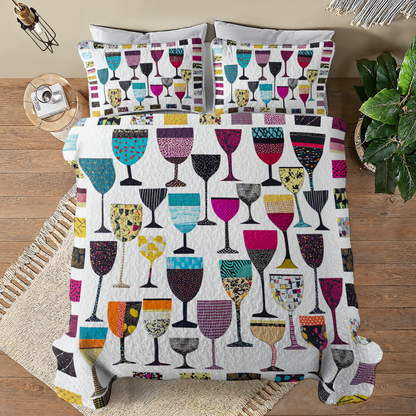 Shineful All Season Quilt 3-Piece Set Colorful Wine Glasses