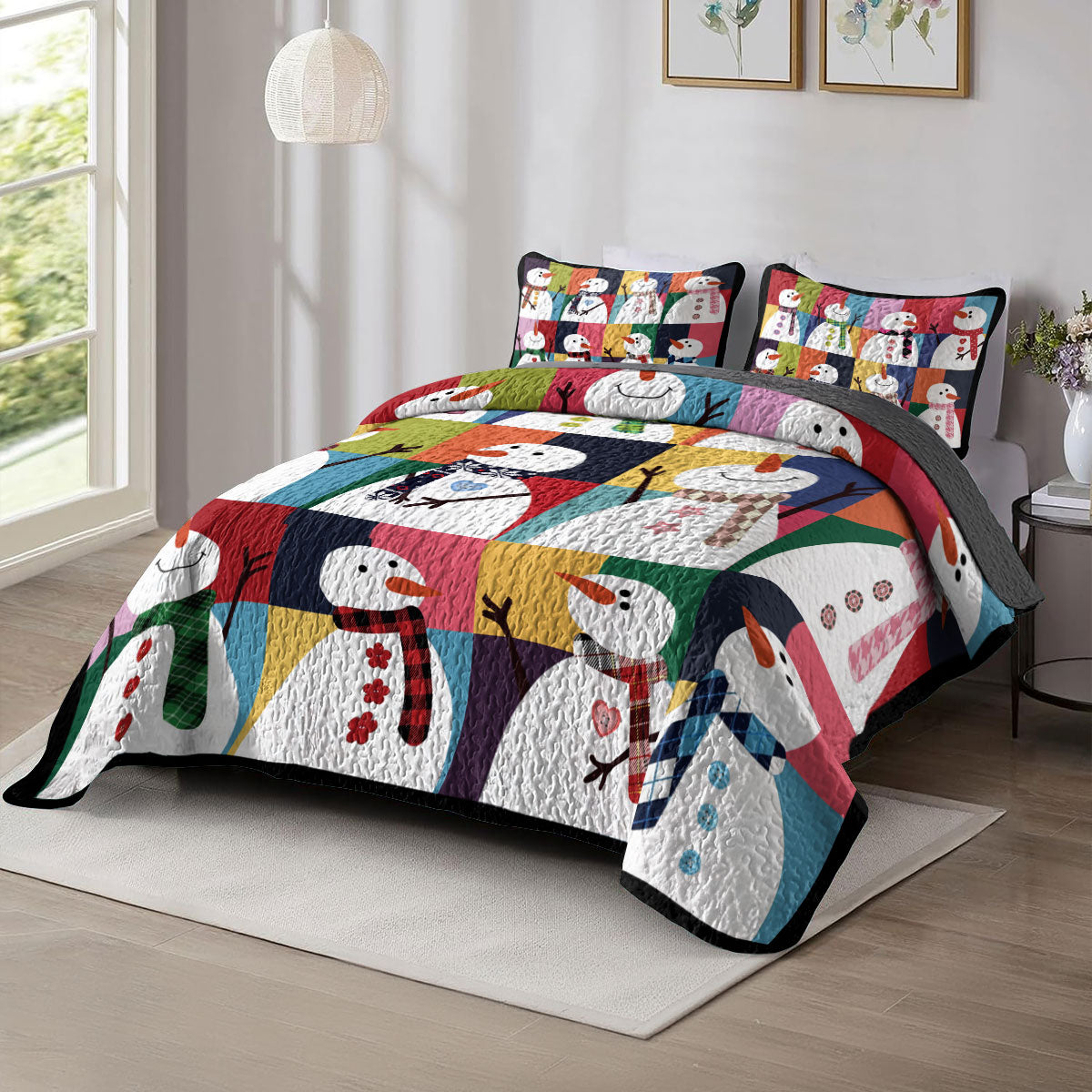 Shineful All Season Quilt 3-Piece Set Colorful Snowman Joy