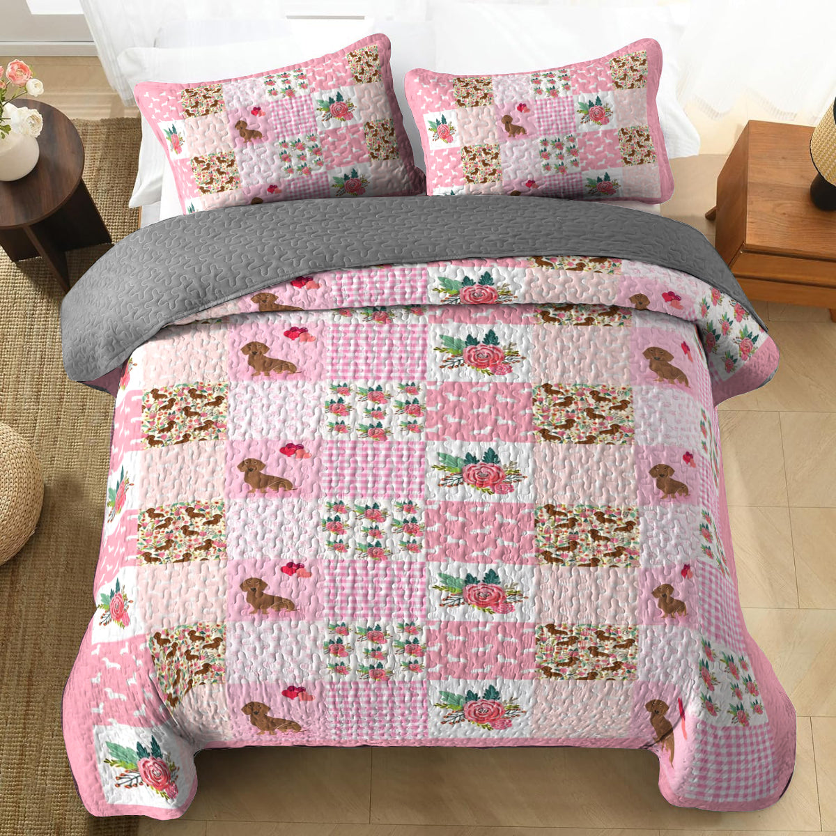 Shineful All Season Quilt 3-Piece Set Pink Patchwork Puppy