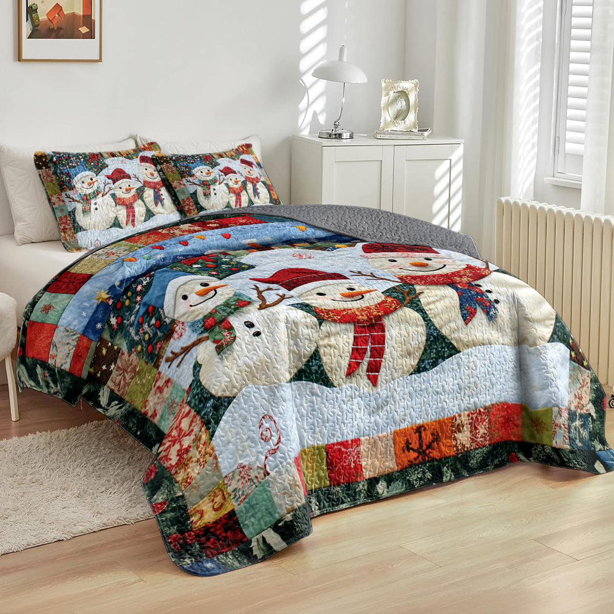 Shineful All Season Quilt 3-Piece Set Festive Snowman Family