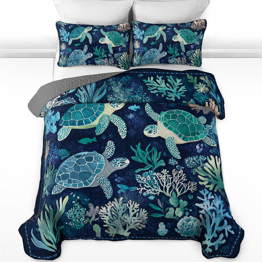 Shineful All Season Quilt 3-Piece Set Sea Turtle Underwater Ballet