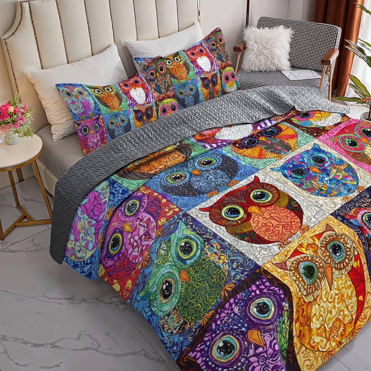 Shineful All Season Quilt 3-Piece Set Colorful Owls World