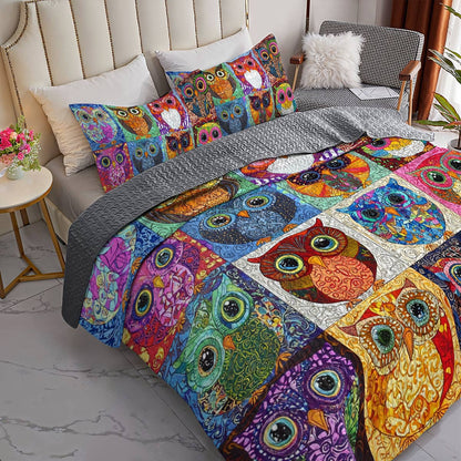 Shineful All Season Quilt 3-Piece Set Colorful Owls World