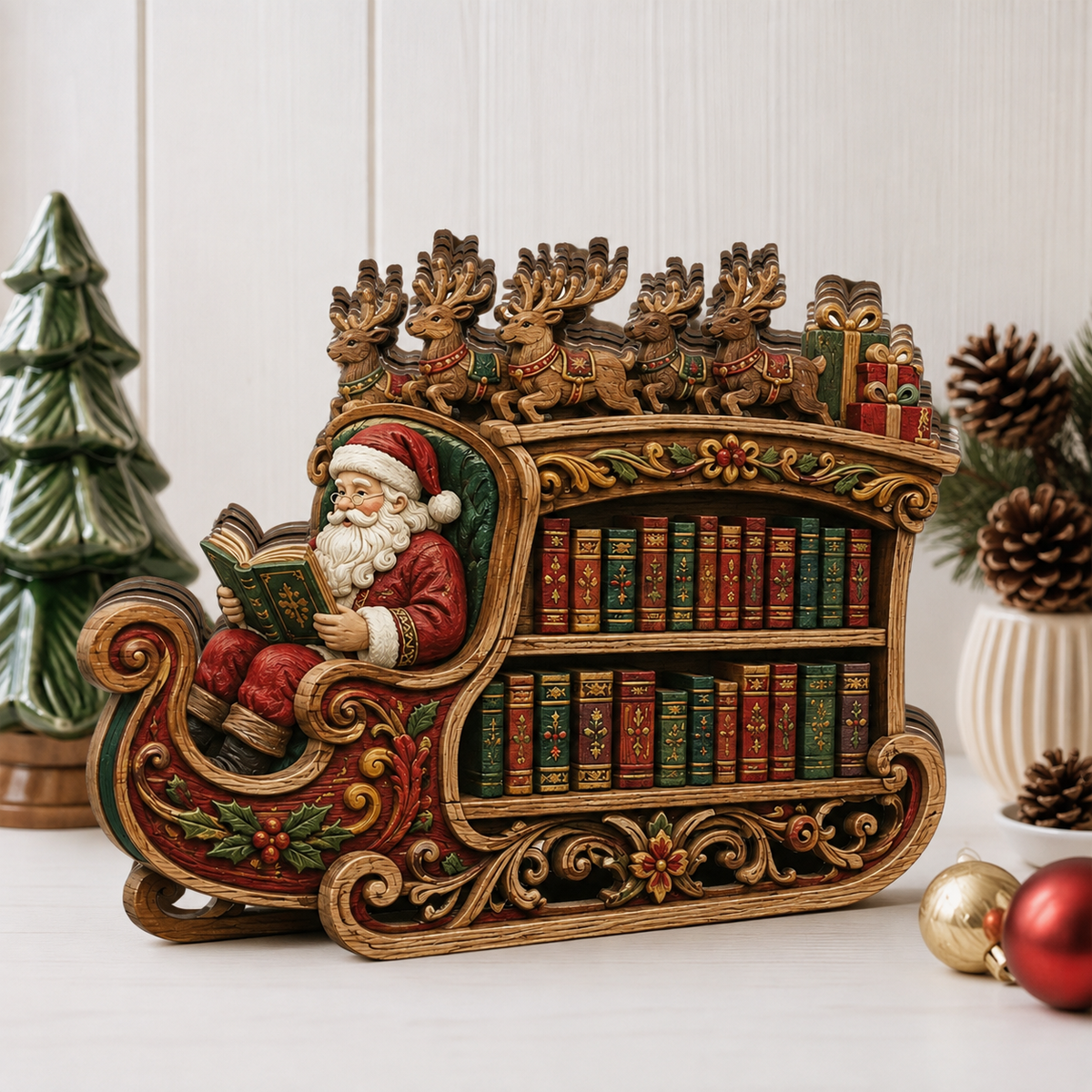 Shineful Santa Sleigh Bookshelf Custom Shape Wooden Block