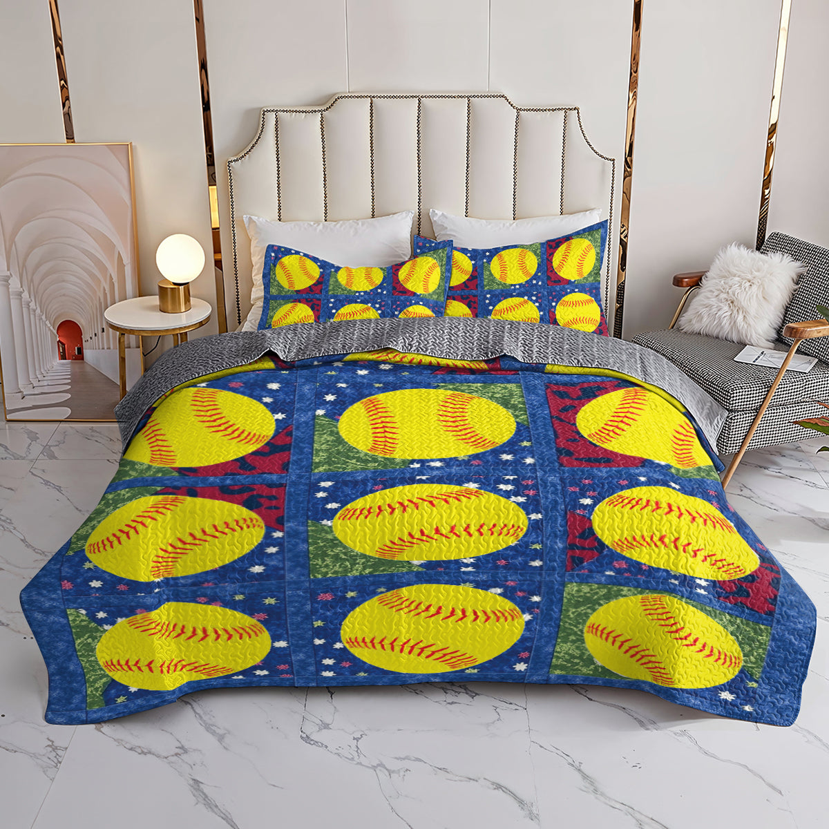 Shineful All Season Quilt 3-Piece Set Softball Patchwork