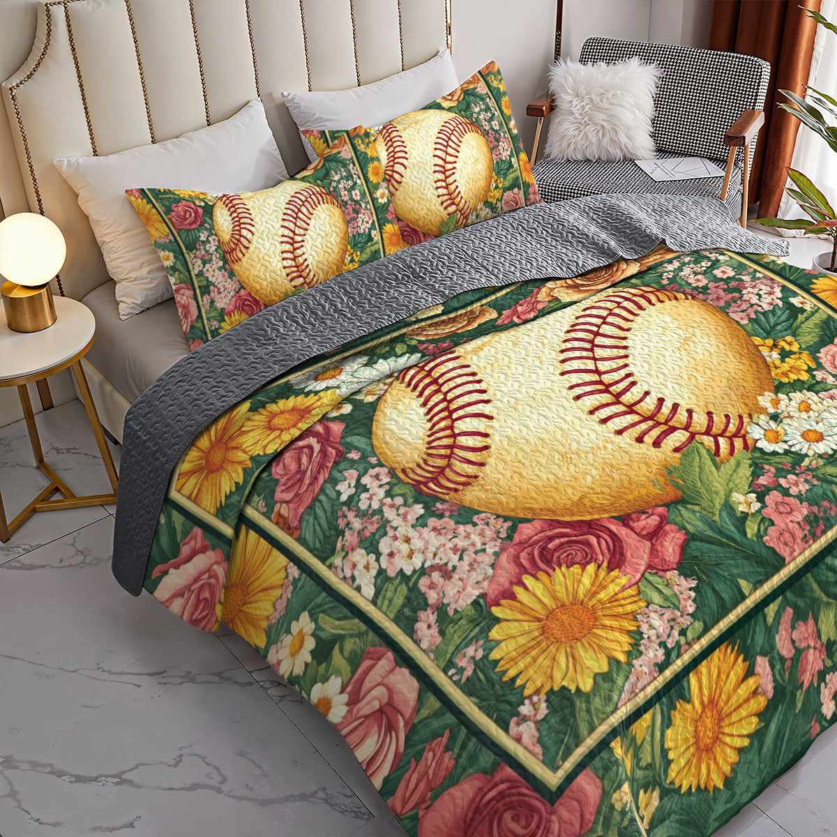 Shineful All Season Quilt 3-Piece Set Floral Softball Dream