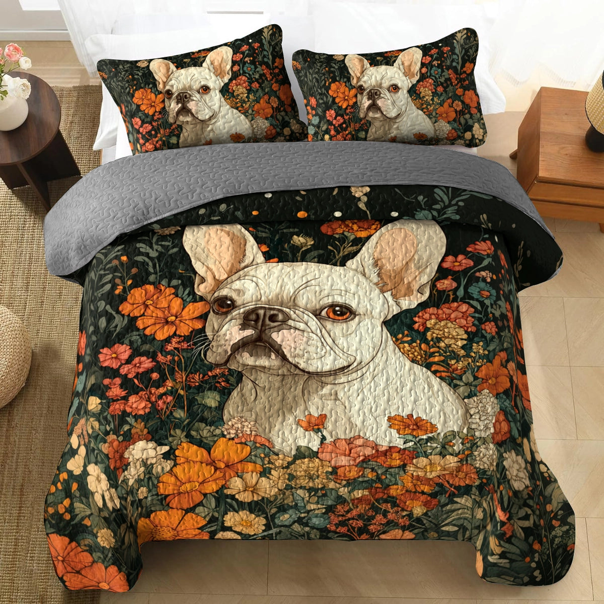Shineful All Season Quilt 3-Piece Set Floral Frenchie Elegance
