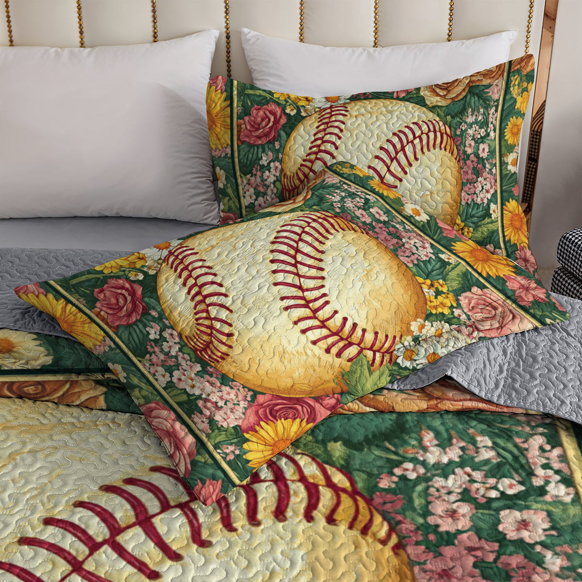 Shineful All Season Quilt 3-Piece Set Floral Softball Dream