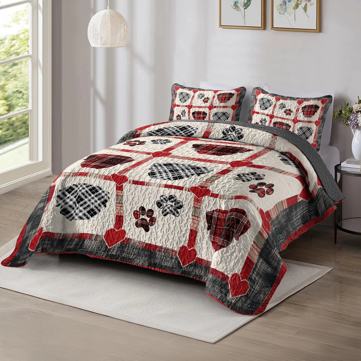 Shineful All Season Quilt 3-Piece Set Rottweiler Plaid Paw Love