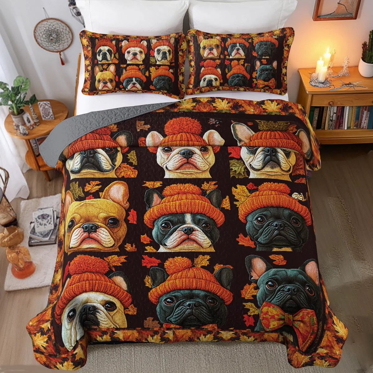 Shineful All Season Quilt 3-Piece Set - French Bulldog Fall Foliage