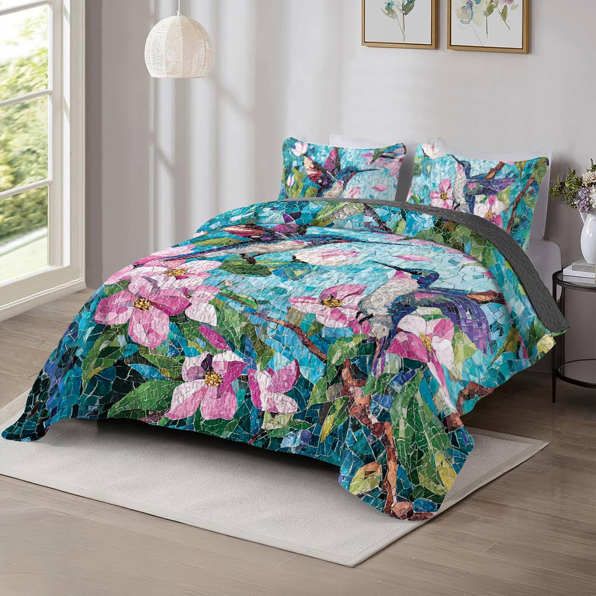 Shineful All Season Quilt 3-Piece Set Mosaic Hummingbirds