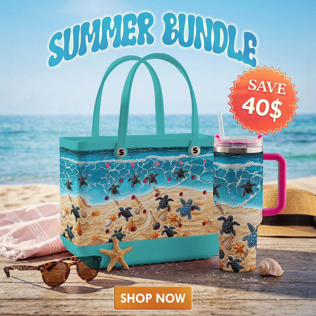 Shineful Bundle Beach Bag And Tumbler Turtle Journey