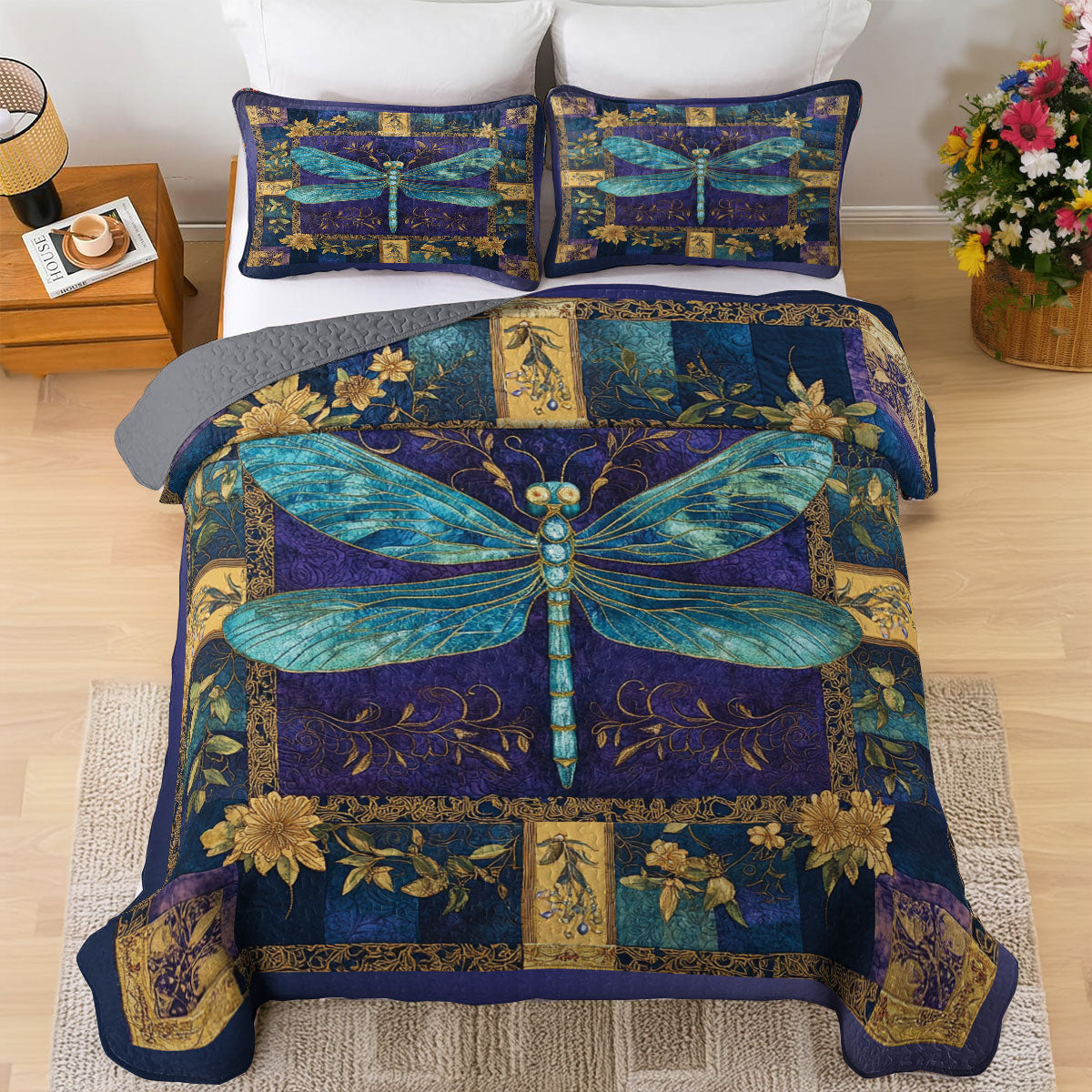 Shineful All Season Quilt 3-Piece Set Sapphire Dragonfly