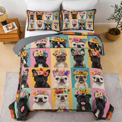 Shineful All Season Quilt 3-Piece Set Frenchie Flower Fiesta
