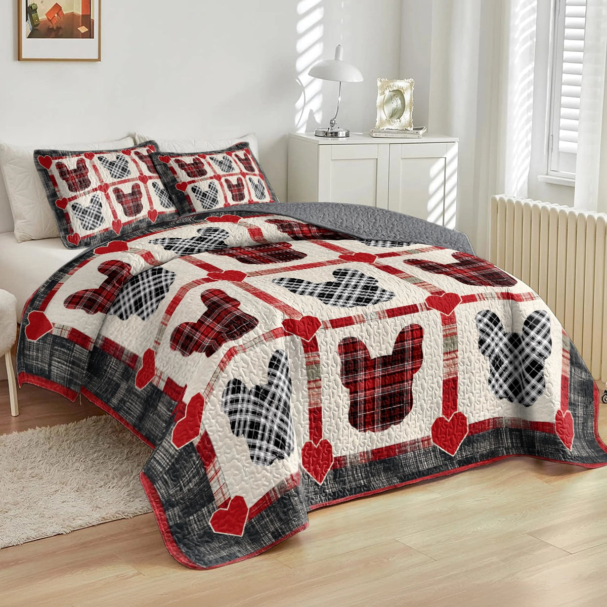 Shineful All Season Quilt 3-Piece Set French Bulldog Love Plaid