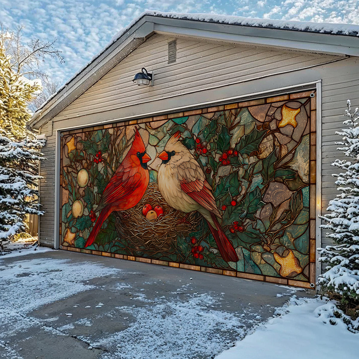 Shineful Garage Door Banner Decoration Winter Cardinal Glass