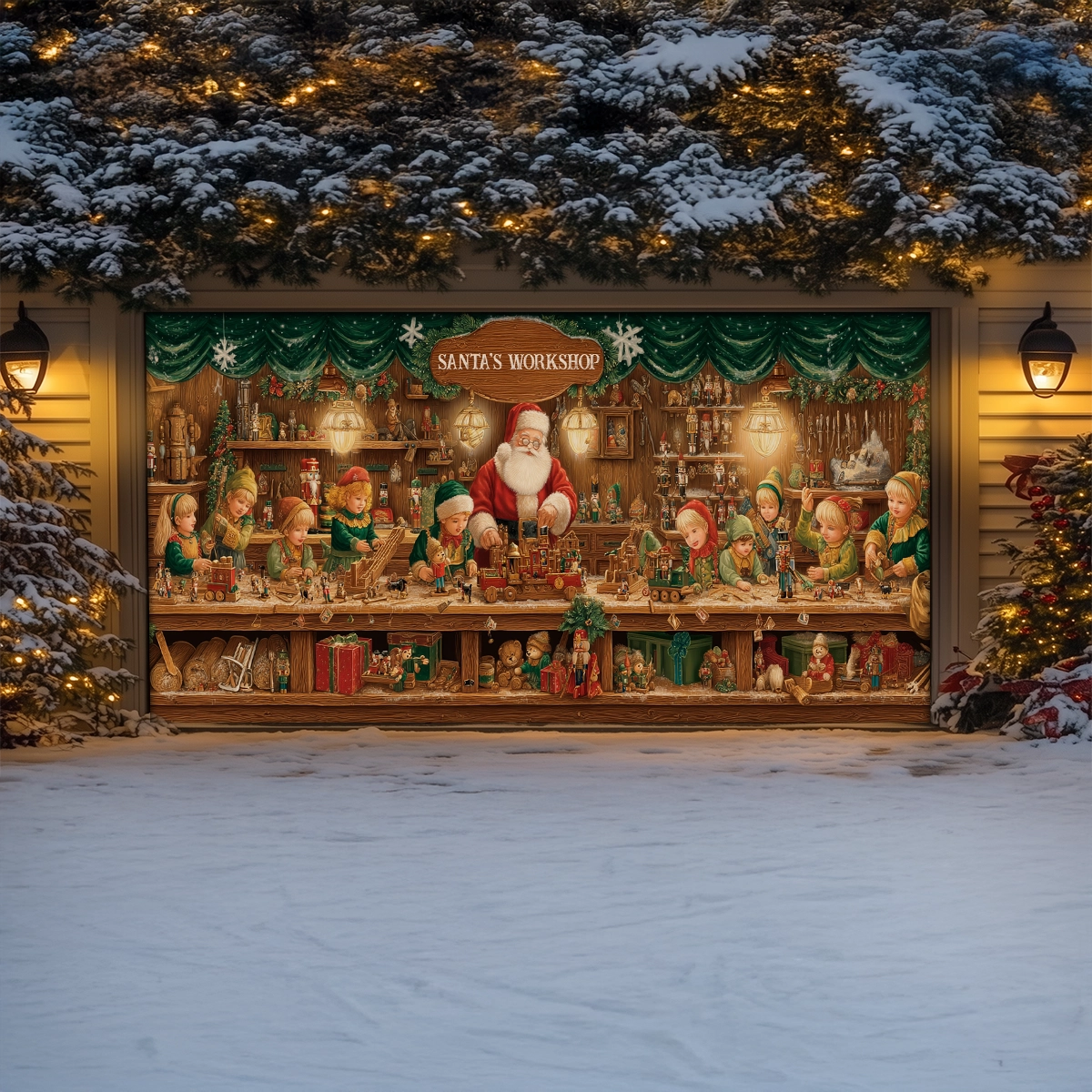 Shineful Garage Door Banner Decoration Santa’s Classic Toy Workshop