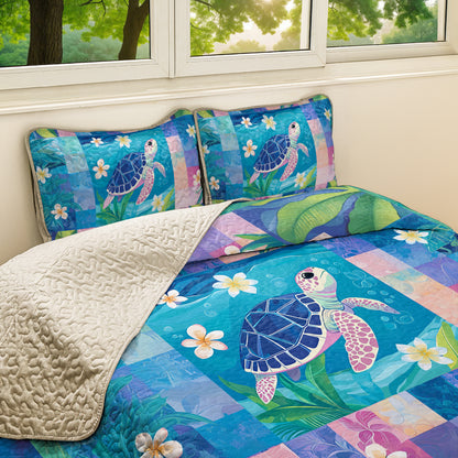 Shineful All Season Quilt 3-Piece Set Plumeria Sea Turtle