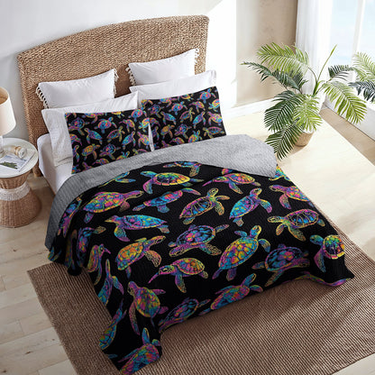 Shineful All Season Quilt 3-Piece Set Underwater Neon Sea Turtle