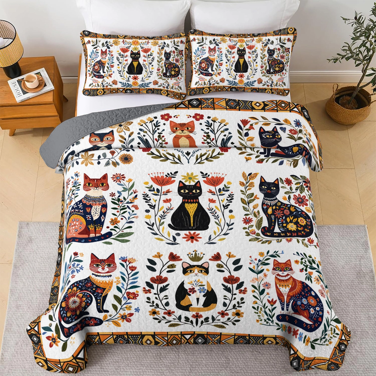 Shineful All Season Quilt 3-Piece Set Folk Art Cat Garden