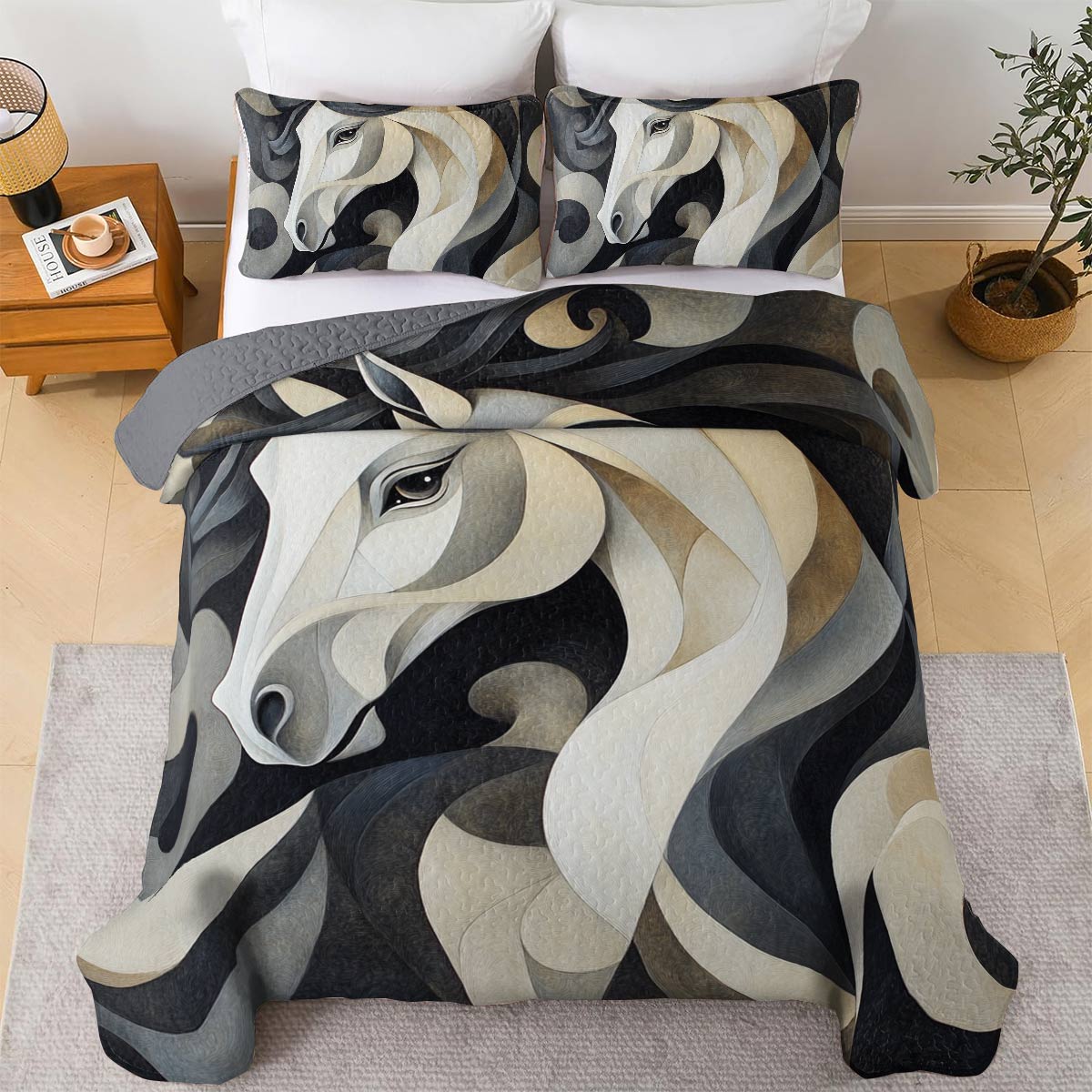 Shineful All Season Quilt 3-Piece Set Black and White Horse Cowboy